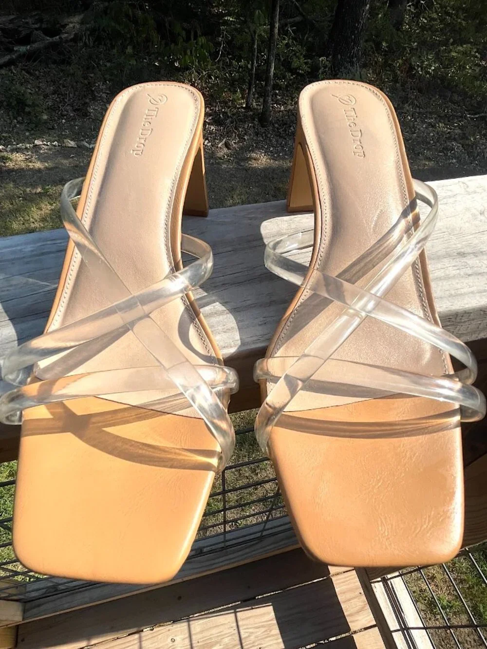 The Drop Clear Strap Slim Block Heel Sandals Quiet Luxury Tan 9.5 EUC